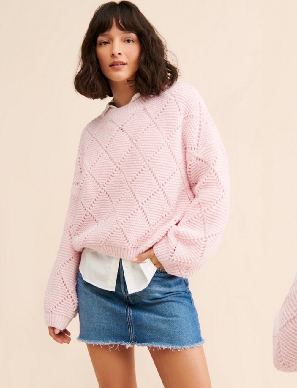 Little Lies Pink Pointelle Open Knit Sweater M/S Boho Coastal Balletcore Soft